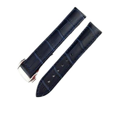 Imagem de BDNJN Pulseira de couro genuíno para relógio Omega Seamaster 19 mm, 20 mm, 22 mm, fecho de implantação, pulseira preta e marrom (cor: azul, tamanho: 20 mm)