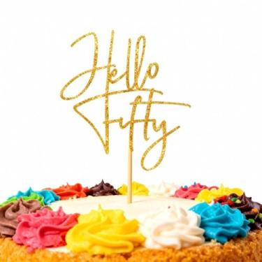 Imagem de Hello 50 Cake Topper – Decoração de bolo Hello Fifty com glitter dupla face, suprimentos de festa de 50º aniversário para aniversário de 50 anos / acessórios de cabine de fotos