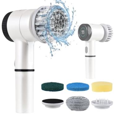 Imagem de Conjunto de Escova Elétrica Limpeza Portátil Sem Fio 3 Velocidades Display Digital com 5 Cabeças Ideal para Parede Piso Cerâmica Cozinha Sapatos