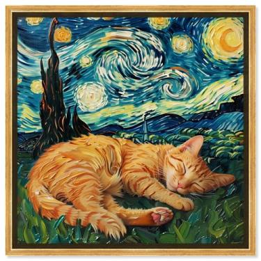 Imagem de Art Remedy Tela de gato noite estrelada arte animal moderna, moldura dourada, 50,8 cm x 50,8 cm