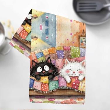Imagem de Toalhas de cozinha fofas de gato de desenho animado, gatos malhados brancos absorventes pano de prato decorativo de microfibra toalha de chá, toalhas de mão waffle para cozinha, casa, banheiro