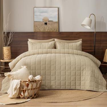 Imagem de PHF Conjunto de colcha 100% algodão waffle, tamanho Queen (228 x 228 cm) - leve com canal quadrado, conjunto de colcha acolchoada aconchegante, decoração de casa, 1 cobertor macio com 2 fronhas