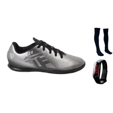 Imagem de Chuteira Futsal Quadra UZ Costurada + Meião Futebol + Relógio Digital 