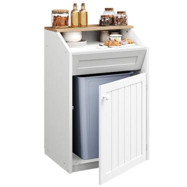 Imagem de YATINEY Armário de lixo, armário de lixeira independente, reciclagem de madeira com porta dobrável, lata de lixo de cozinha oculta, lavanderia de 13 galões, para cozinha, lavanderia, branco WB13WT