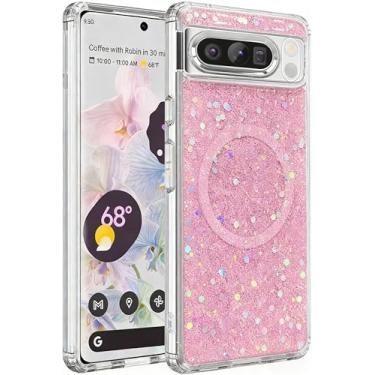 Imagem de Capa magnética com glitter para Google Pixel 8 Pro feminina, [compatível com MagSafe] Capa de telefone luxuosa e moderna fofa brilhante brilhante para Pixel 8 Pro (6,7 polegadas), rosa