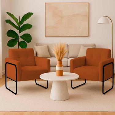 Imagem de Poltrona Sala Industrial Alta Tubo Preto Kit 2 Elisa Bouclê D03 - D'rossi Cor Terra