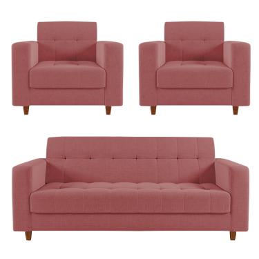 Imagem de Kit Sofá 3 lugares e 02 Poltrona Arezzo Linho Whiski Rose A106 Pés Chanfrado Castanho - D'Rossi