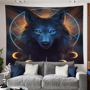 Imagem de Tapeçaria para pendurar na parede Mystical Blue Wolf com Dreamcatcher 