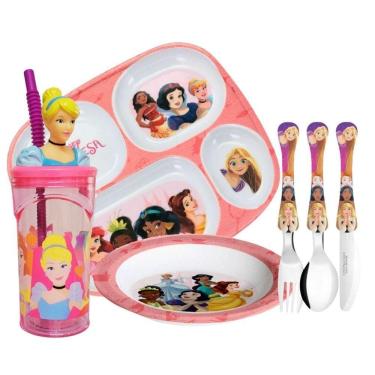 Imagem de Jogo Refeição Infantil Princesas Disney 6 Peças Prato Divisória, Prato Fundo, Copo E Talheres - Tuut