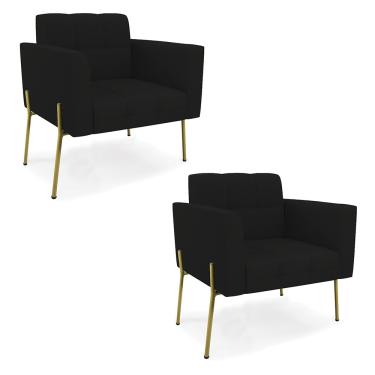 Imagem de Poltrona Pé de Ferro Dourado para Sala Kit 2 Elisa Linho Preto A79 D03 - D'Rossi
