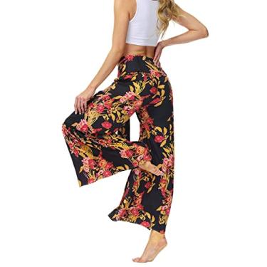 Imagem de Calças femininas casuais soltas estampadas, calças largas de praia, calças de alças (Color : YZ8, Size : L)