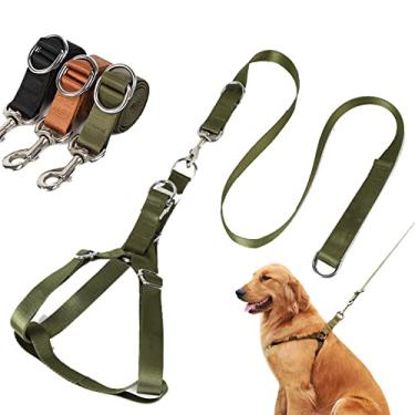 Imagem de Foern Conjunto de coleira e arnês de cabeça para cães, colete para cães com tecido de nylon ajustável, arnês para cães sem asfixia com anéis de liga para cães médios grandes, verde, 2,5 cm