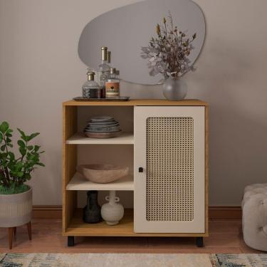 Imagem de Buffet Aparador 80X80Cm 1 Porta Acabamento Palha 3 Prateleiras Charlotte Artely Carvalho/Off White