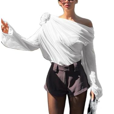 Imagem de Blusa feminina sexy de chiffon de um ombro só, manga comprida, flor 3D, caimento justo, malha, C branco 02, M