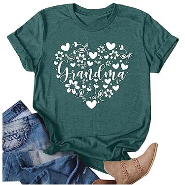 Imagem de Camiseta feminina avó com estampa de coração e avó, floral, camiseta casual, Verde, GG