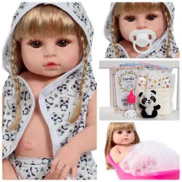 Imagem de Bebê Reborn Princesa 46cm Cabelo Loiro Saída de Banho Panda - Cegonha 