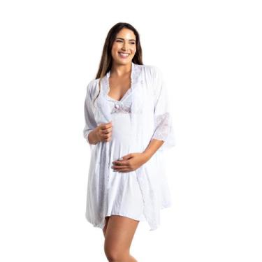 Imagem de Kit Camisola Amamentação com Click Frontal e Robe Luxo - Roupa De Dorm