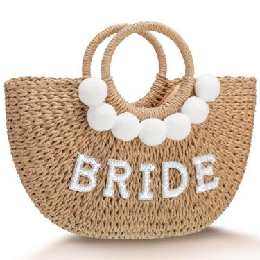 Imagem de Pinkunn Bolsa de praia feita à mão com strass, strass, pérola, letras, alça para despedida de solteira, casamento, lua de mel, essencial, Cores simples, One Size