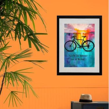 Imagem de Quadro Aquarela Bike Frase - 60x48cm - Quadros On-line, Madeira preta