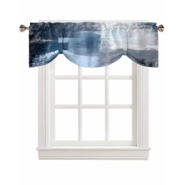 Imagem de Cortinas de amarrar azul e branco ombré para janelas, arte abstrata cinza pintura a óleo moderna Rod Pocket Tie Up Valance, tratamento de janela curta ajustável para cozinha, sala de estar, banheiro