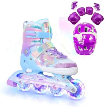 Imagem de Patins Roller Inline 4 Rodas Skates Ajustavél com Roda Iluminada Jovens e Adultos, Para iniciantes, Uso Interno e Externo + Kit Completo com Capacete e Proteções (Roxo/Borboleta, Roller G (36 ao 39))