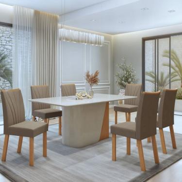 Imagem de Conjunto Luar 170cm Tampo MDF com Vidro e 6 Cadeiras Apogeu Amêndoa Clean/Off White/ Bege