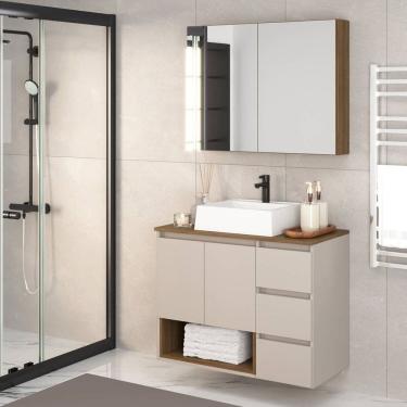 Imagem de Gabinete de Banheiro 80cm Vitória com Espelheira e Cuba Mel/Arenas