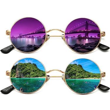 Imagem de AIEYEZO Óculos de sol redondos retrô para homens e mulheres óculos de sol polarizados modernos vintage pequenos óculos de sol redondos, Pacote com 2 (dourado/roxo espelhado + espelhado dourado/verde