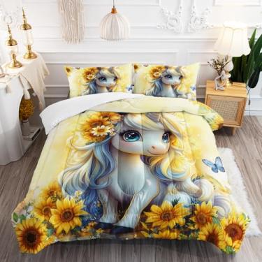 Imagem de AILONEN Jogo de cama solteiro de unicórnio, amarelo floral, unicórnio, infantil, lindo girassol, kawaii, com 2 fronhas, 3 peças
