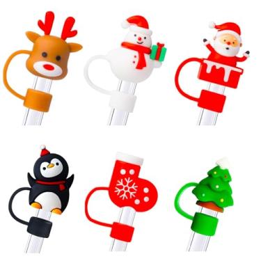 Imagem de Haundry 6 peças de tampa de palha de Natal para copo Stanley, topo de palha de silicone para Stanley copo de 30 e 1,134 g com alça, capas de ponta de canudo de 10 mm para presentes de Natal.