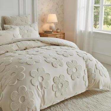 Imagem de Frienda Conjunto de edredom completo com 3 peças, cáqui, floral, macio, inclui 1 capa de edredom e 2 fronhas, bordado, boho, quente, tufado, para todas as estações, presente de casa de fazenda