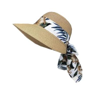 Imagem de Chapéu de sol feminino de aba larga grande com laço panamá para férias chapéu de palha casual 002 tamanho adulto