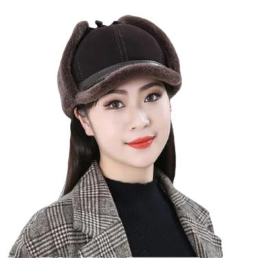 Imagem de Chapéu feminino de couro térmico de inverno de ovelha boné térmico para uso externo para prevenção de frio touca de pelúcia marrom claro M