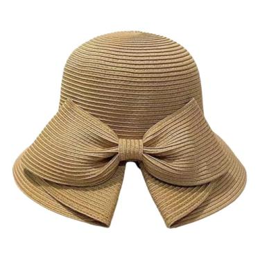 Imagem de Chapéu de palha feminino primavera e verão chapéu de praia férias turismo esporte ao ar livre chapéu de guarda-sol chapéu dobrável cáqui tamanho único