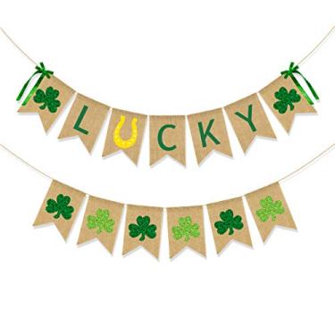 Imagem de CAVLA Faixa Lucky de juta e faixa de trevo de glitter Dia de São Patrício verde trevo Lucky Banner guirlanda com laços decorações de Dia de São Patrício Decoração de festa para artigos de festa irlandesa da sorte