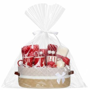 Imagem de Colingmill Cesto de presente com conjunto de embrulho de celofane com alças fitas cestas de presente vazias grande armazenamento 35,5 x 25,4 cm x 14 cm caixa decorativa vazia para presentes de