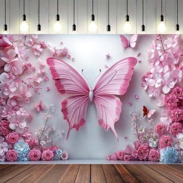 Imagem de Pano de fundo de flor de borboleta rosa para decoração de festa de aniversário de fadas princesas faixa floral país das maravilhas foto fundo chá de bebê aniversário decoração de festa de chá de