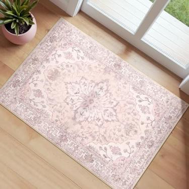 Imagem de RELEANY Tapetes De 2'X3' Laváveis, Antiderrapantes, Com Estampa Floral Vintage, Medalhão, Para Sala Estar, Quarto E Jantar, Rosa, Cinza Rosa Fofos