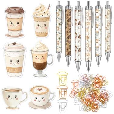 Imagem de Gilprop 54 peças de presentes de café de Natal, 6 blocos de notas adesivas, nota de memorando, 12 canetas esferográficas fofas, 36 clipes de papel coloridos em forma de xícara de café, marcadores de