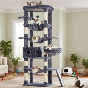 Imagem de Hey-brother Árvore para gatos, torre de pelúcia de vários níveis de 160 cm para gatos internos com grande poleiro, rede extra espaçosa, rampa de 2 redes, bola para pendurar, cinza esfumaçado MPJ037G