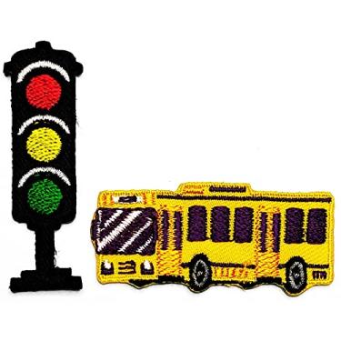 Imagem de Umama Conjunto de 2 Mini Lindos Semáforos Amarelos Ônibus Escolar Veículo Carro Desenho Animado Motivo Costurar Ferro no Remendo para Crianças Roupas Escolares Jaquetas Jeans Mochilas Chapéus