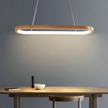 Imagem de Luminária pendente LED moderna e regulável com controle remoto - Luminária suspensa oval de madeira para mesa de jantar, sala de estar e ilha de cozinha (120 cm)