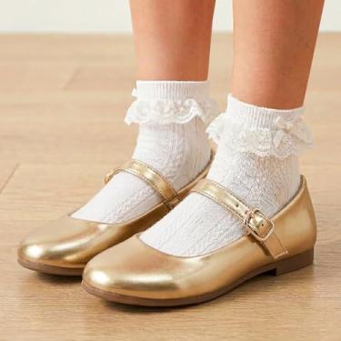 Imagem de Kit Sapatilha Feminina Infanto Juvenil com Meia Curta Branca Social, Sapato Mary Jane com Fivela (Dourado, BR, Criança de 9 a 12 anos, Numérico, 28)