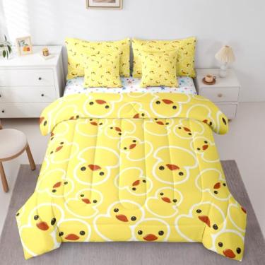 Imagem de Manfei Conjunto de edredom casal de desenho animado, conto de fadas de animais, linhas geométricas, adorável decoração para crianças de todas as estações, amarelo (elástico + lençol + 2 fronhas + 2