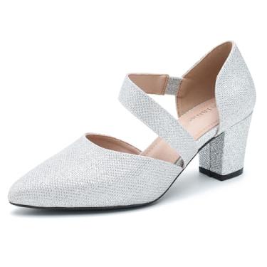 Imagem de Enelauge Sapatos femininos de bico fechado com tiras salto grosso bico fino salto baixo confortável vestido casamento noiva sapatos de formatura, Glitter prateado, 37