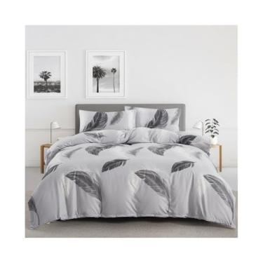 Imagem de x3anggyt5 Conjunto de capa de edredom reversível com estampa de penas cinza e fronhas 2/3 peças moderno (casal (203 x 229 cm))