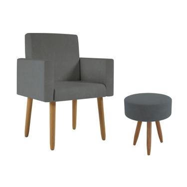 Imagem de Poltrona Decorativa Cadeira Recepção Com Puff Balaqui Decor Cinza