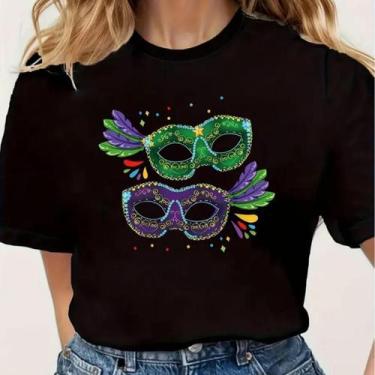 Imagem de Camisa Camiseta Feminina Máscara Carnaval Festa Folia Pena Bloco Algod