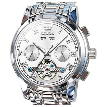 Imagem de OLEVS Relógios de pulso masculinos automáticos mecânicos turbilhões de aço inoxidável à prova d'água luminosos de luxo, Prata, Mecânico