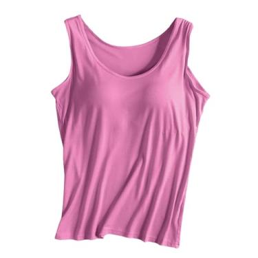 Imagem de Lainuyoah Regatas femininas modernas confortáveis gola redonda sutiã embutido acolchoado para treino sólido alças largas camisetas casuais, A - rosa quente, P